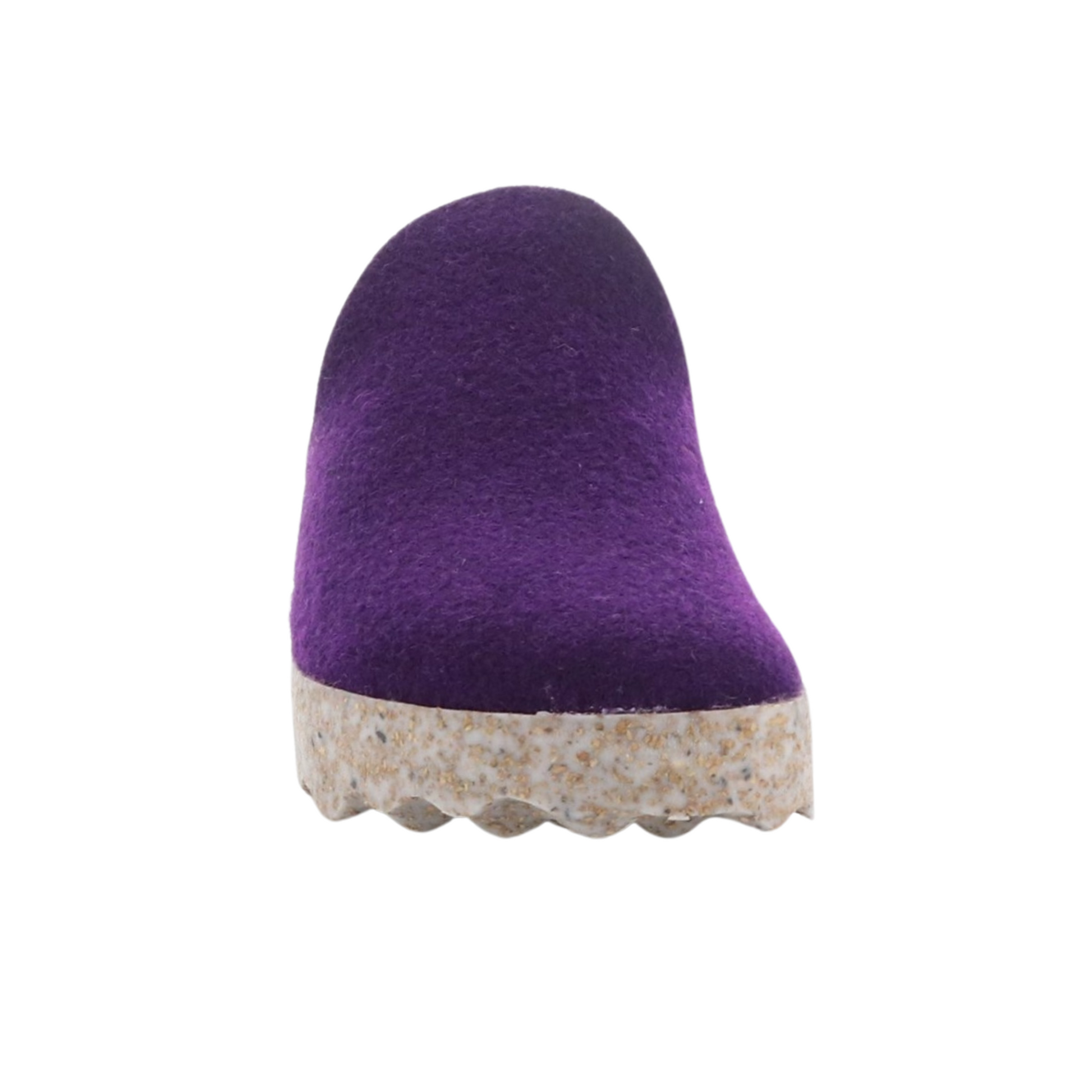 A purple speckled thick sole slipper shoe is pictured from the front.