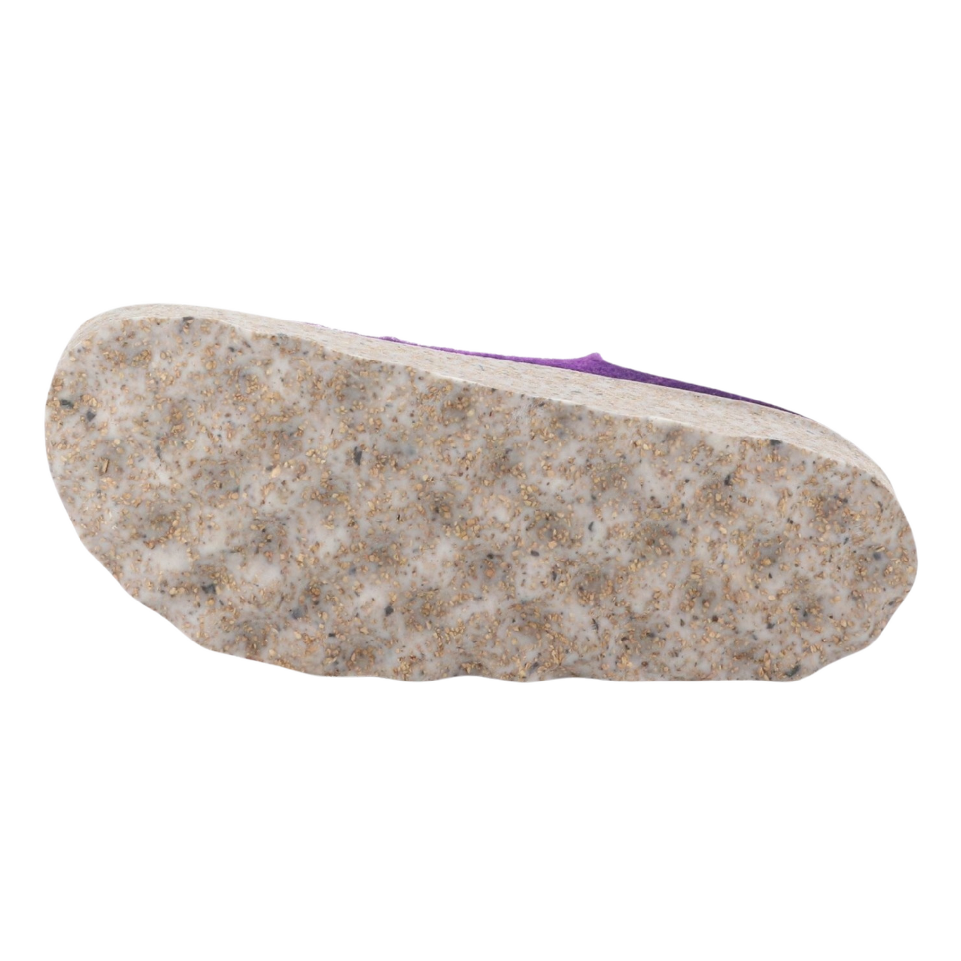 The bottom of a purple shoe is pictured depicting the waffle texture of the speckled tread.