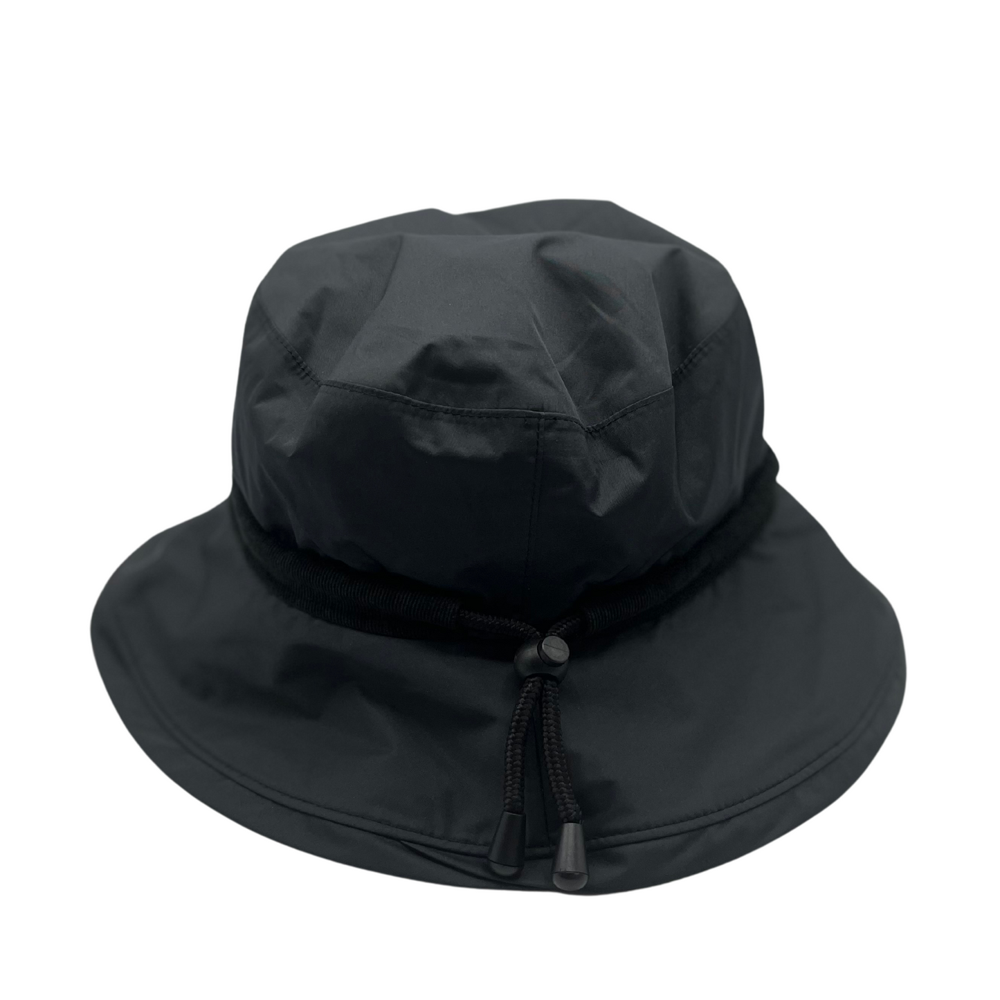 A front view of a black hat with a black drawstring.