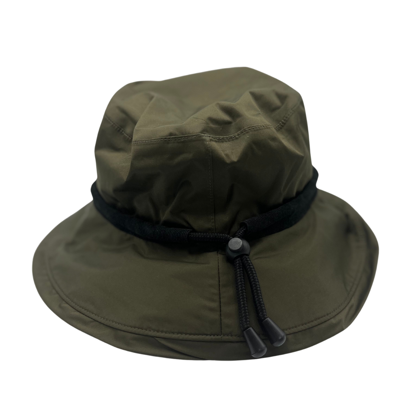 A front view of a green hat with a black drawstring.