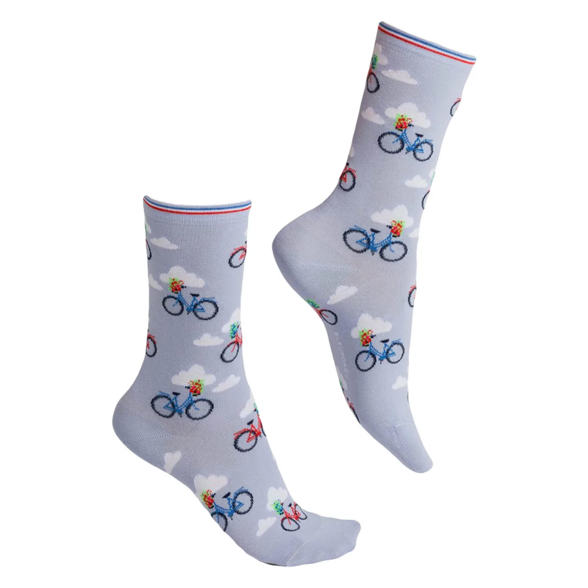 A pair of light blue socks with blue and red bicycles and clouds are pictured.