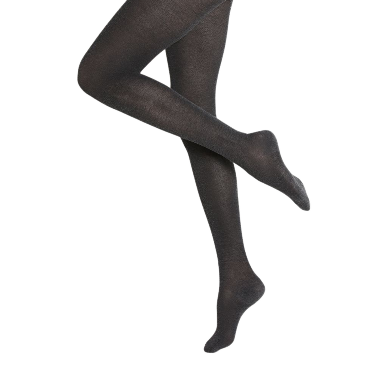 Image of plain grey semi-translucent tights on posed legs.