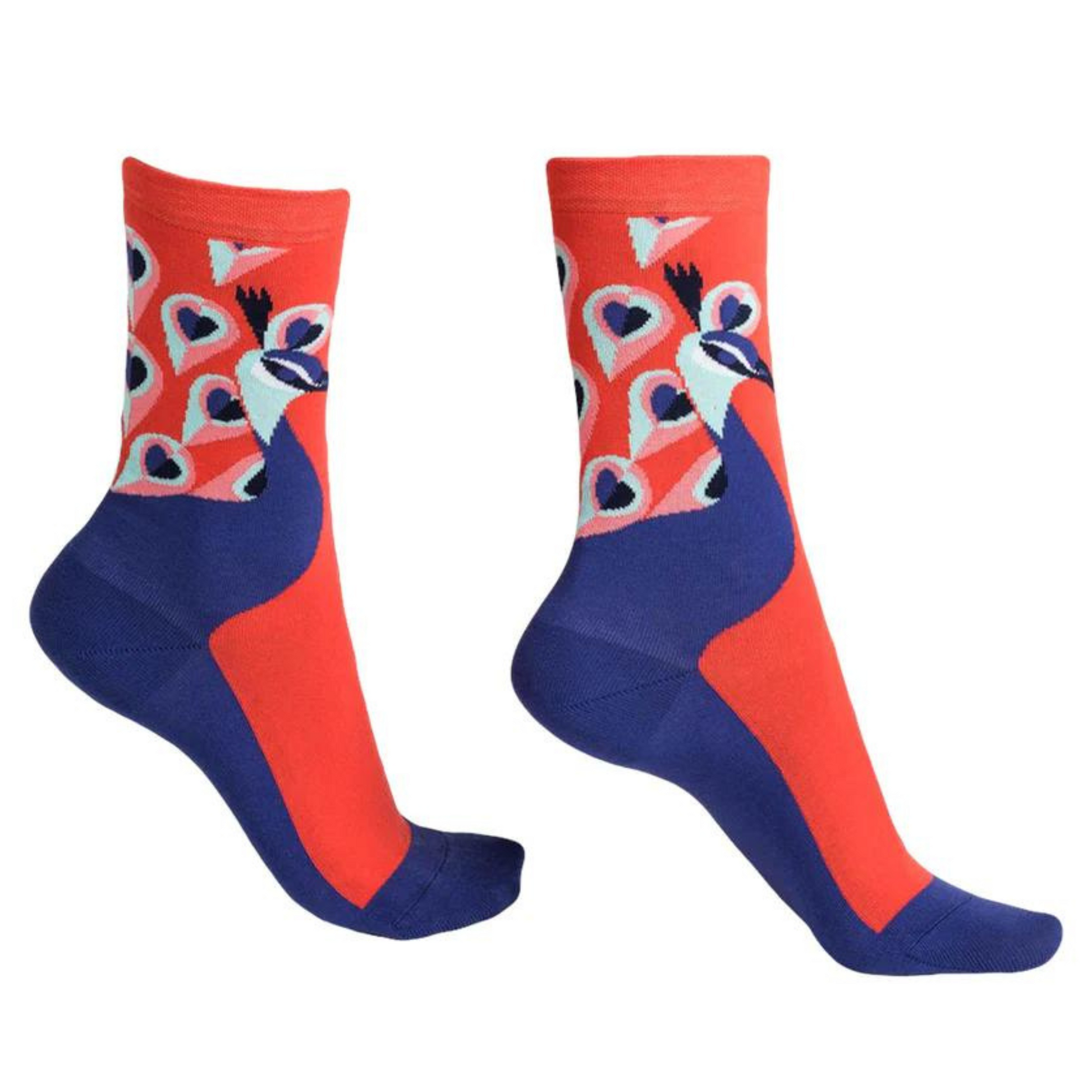 A blue and fiery red sock is pictured with a peacock print along the ankle and sole.