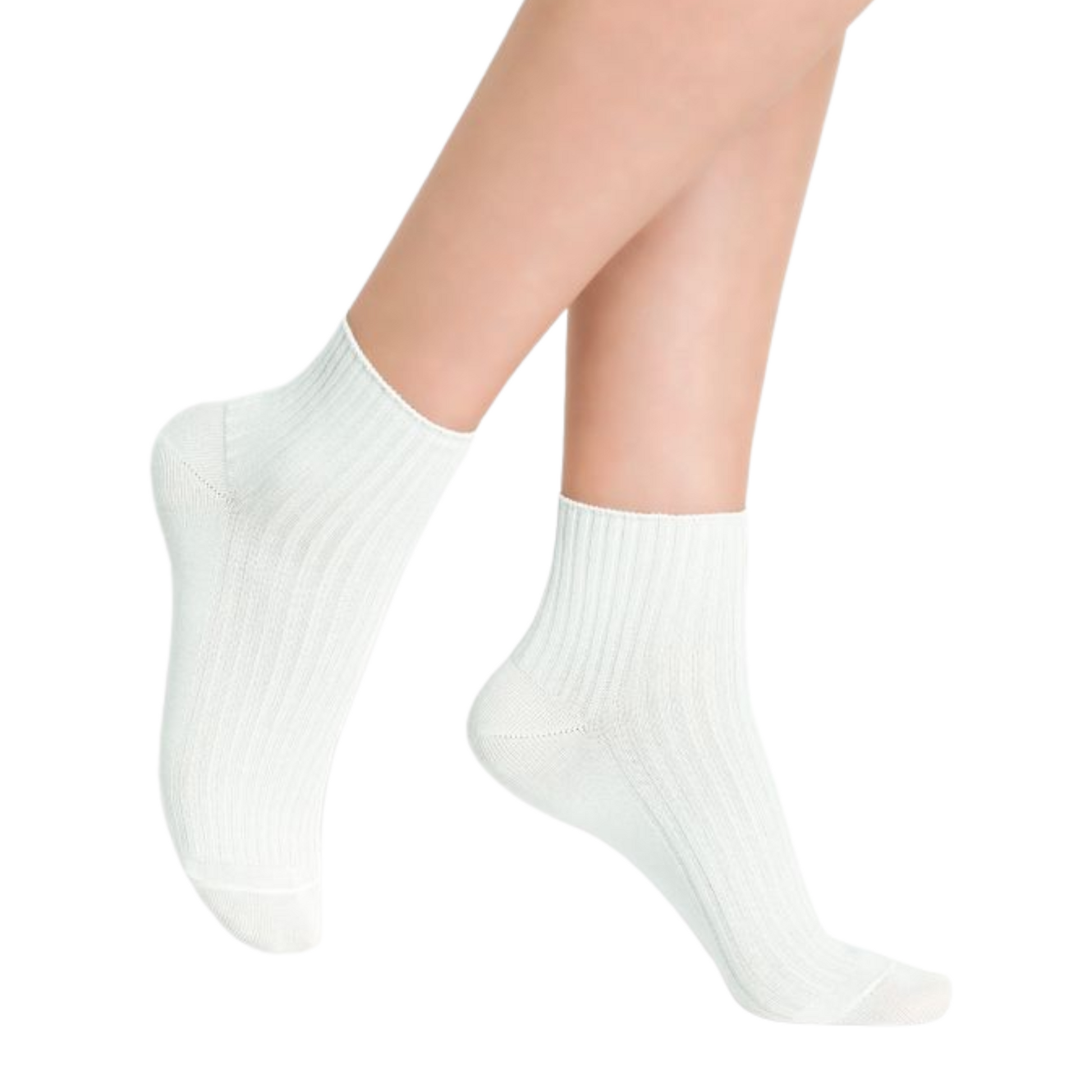 A pair of white ankle height socks is pictured with ribbed detailing.