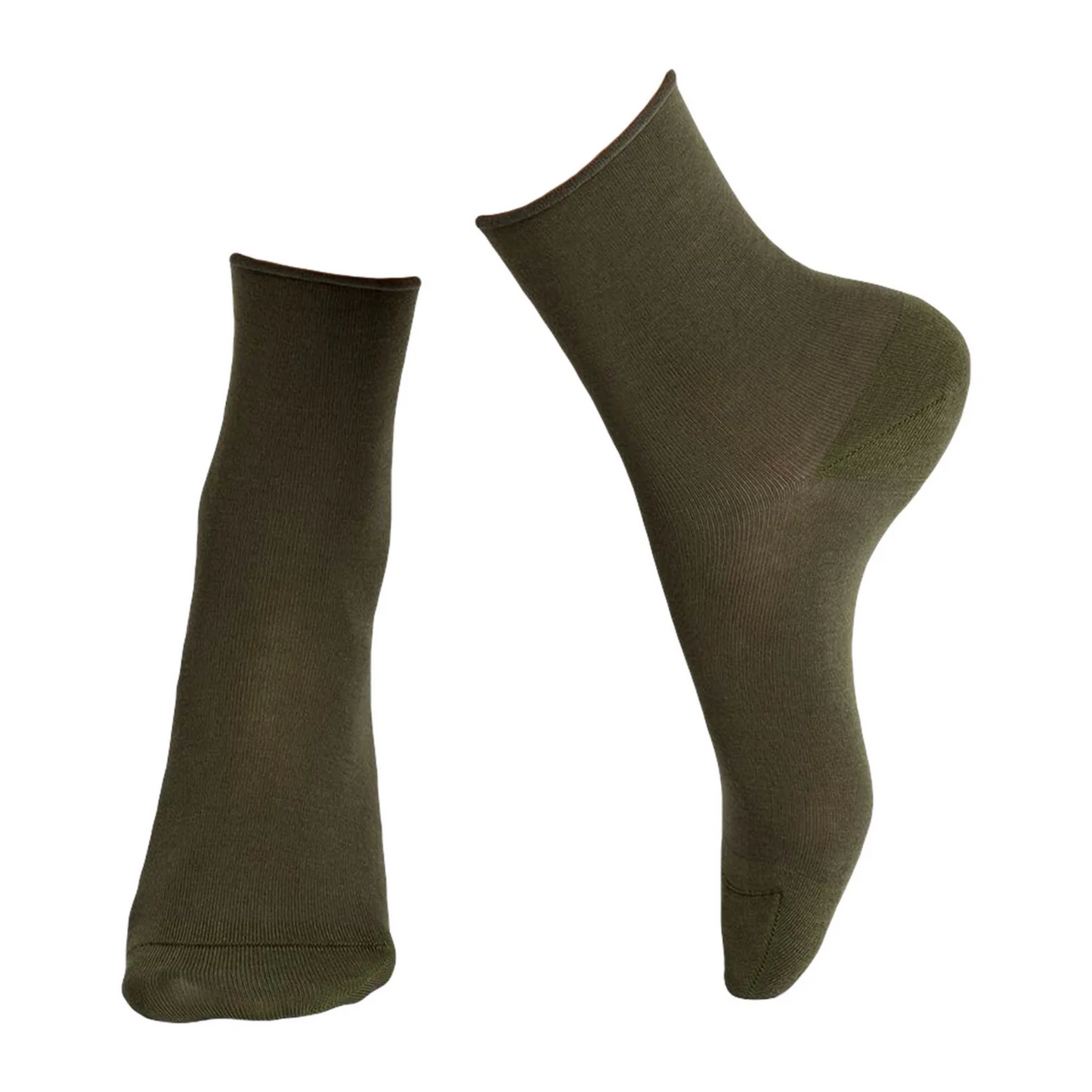A plain dark earthy green sock with rolled cuff is pictured posed in profile.