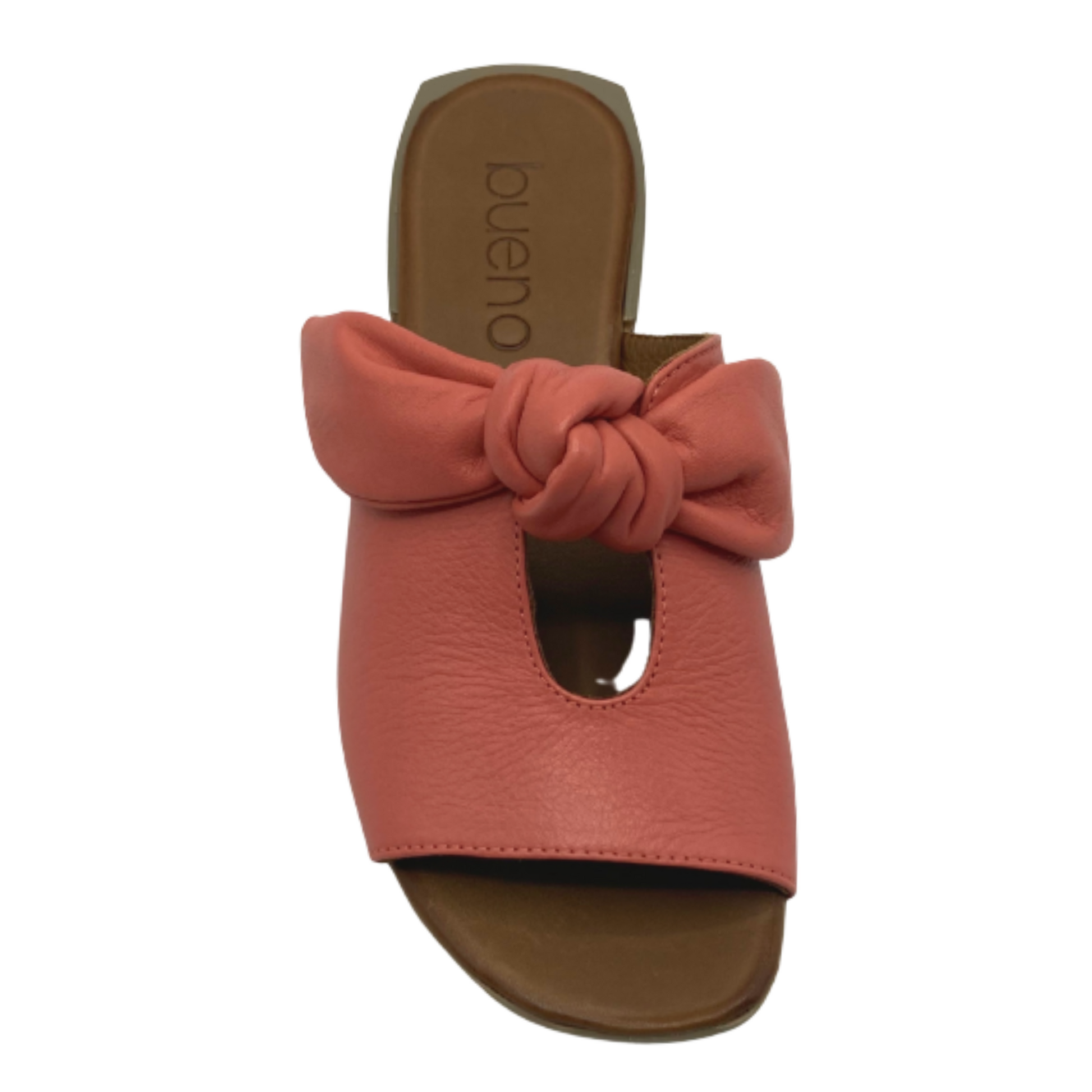 A coral keyhole cutout sandal with tied bow detail is pictured from the front with brown leather sole.