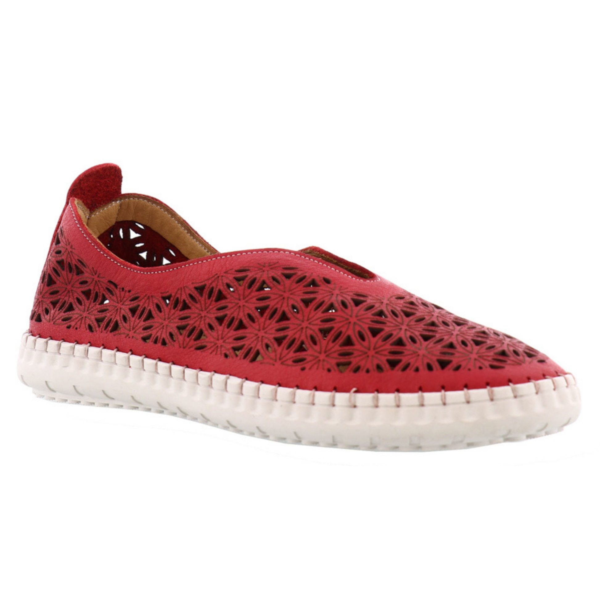 A red slip on shoe with deep topline, flower petal perforated pattern, and white sole is pictured at an angle.