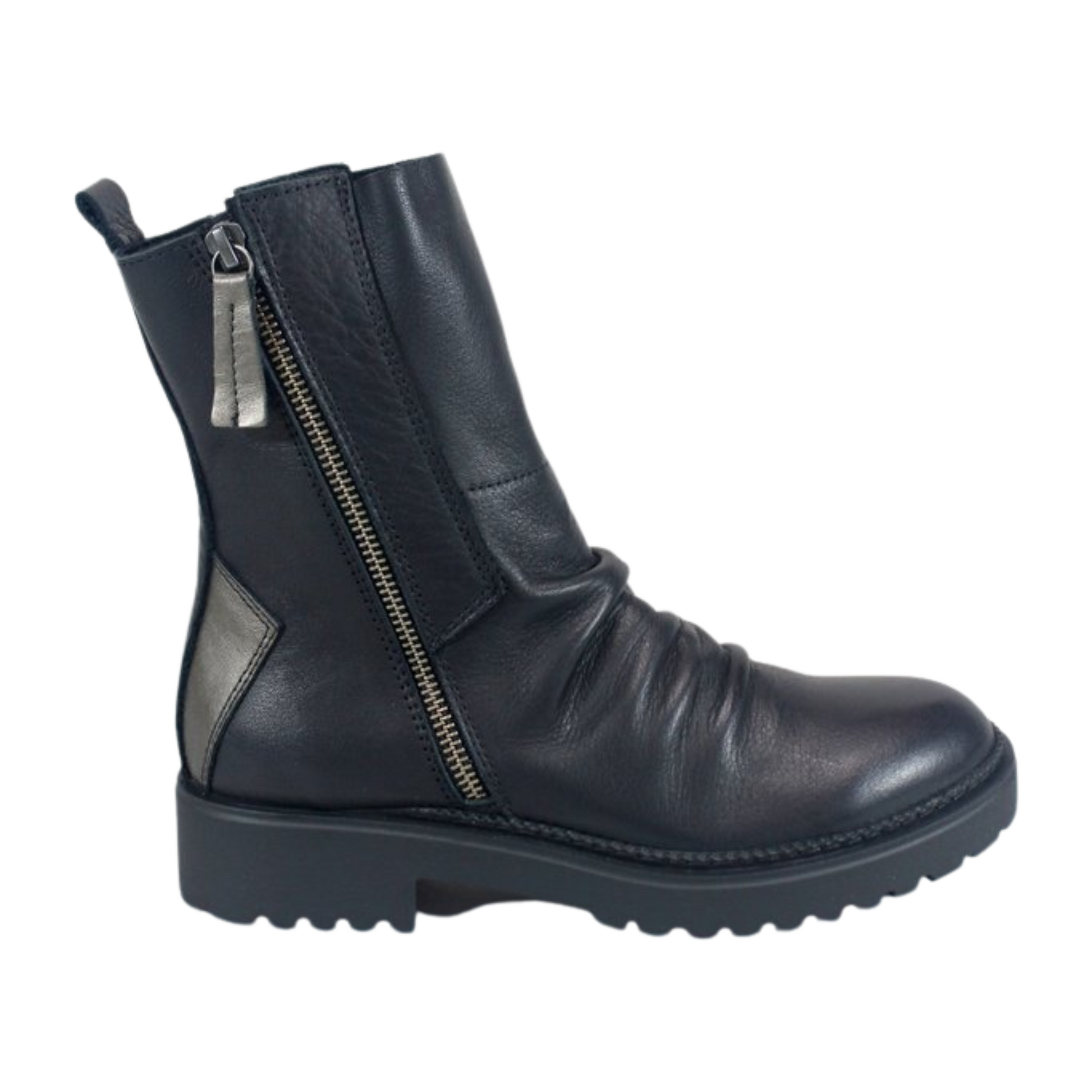 A black leather boot with ruched front and silver zipper is pictured in profile.