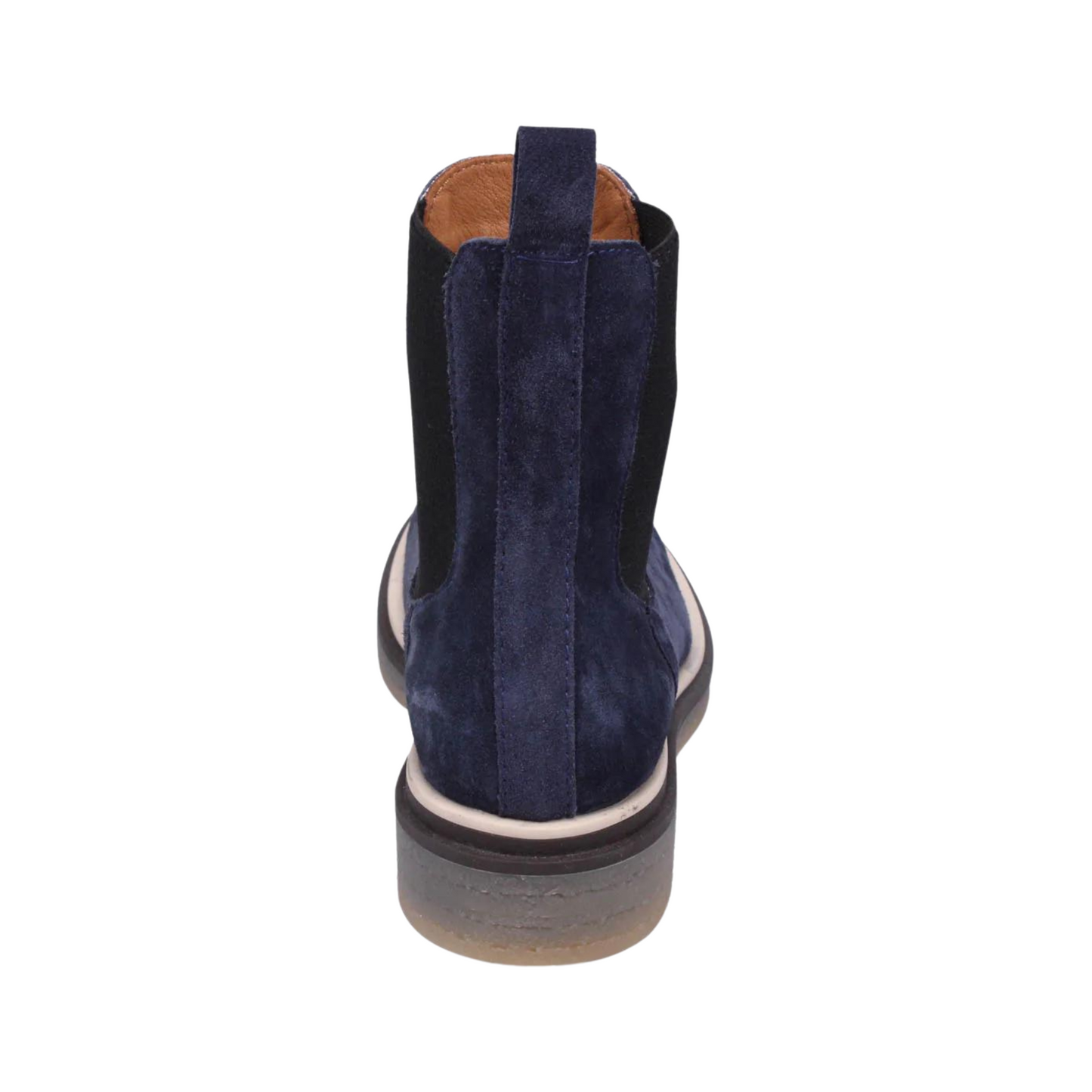 A back view of a navy suede Chelsea boot.
