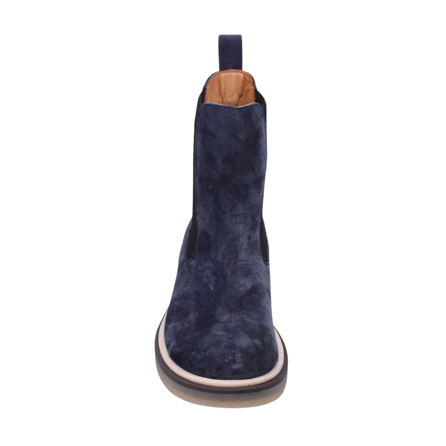 A front view of a navy suede Chelsea boot.