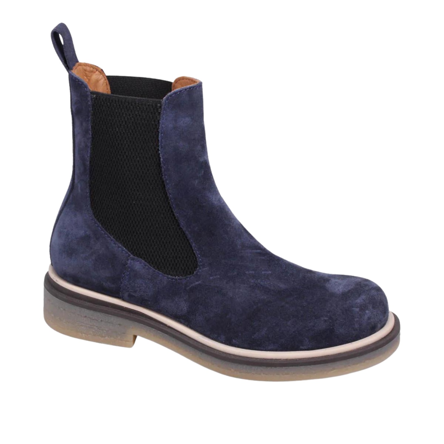 A right side view of a navy suede Chelsea boot.