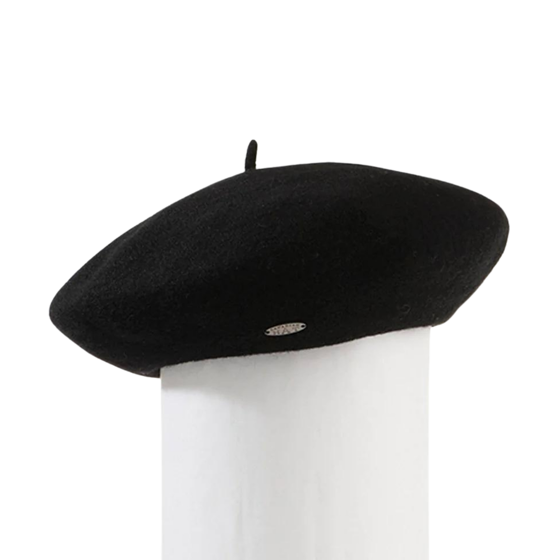 A side view of a black beret.