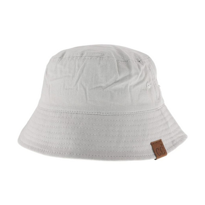 A front view of a light grey cotton bucket hat.