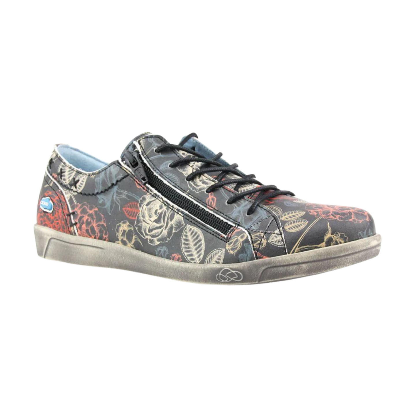 A right side view of a colourful floral-patterned sneaker.