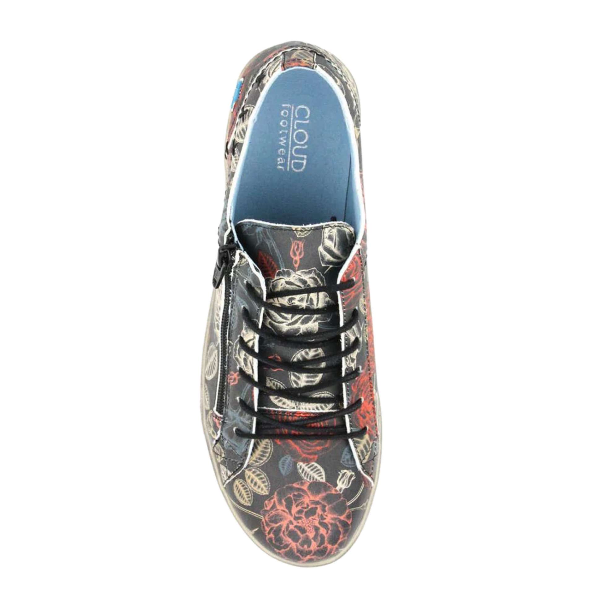 A top view of a colourful floral-patterned sneaker.