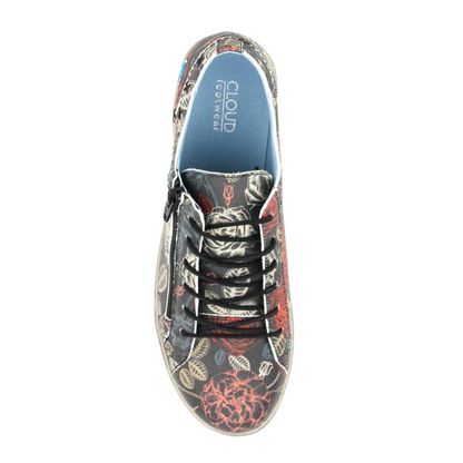 A top view of a colourful floral-patterned sneaker.