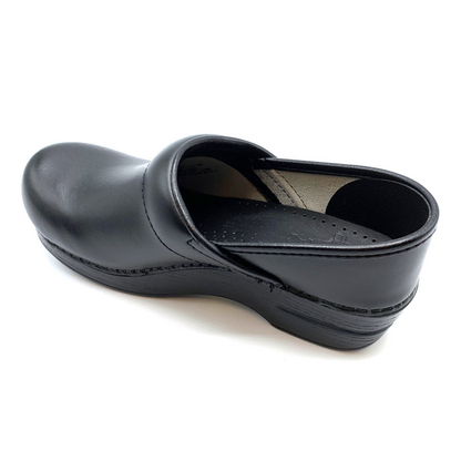A left side view of a black leather clog.