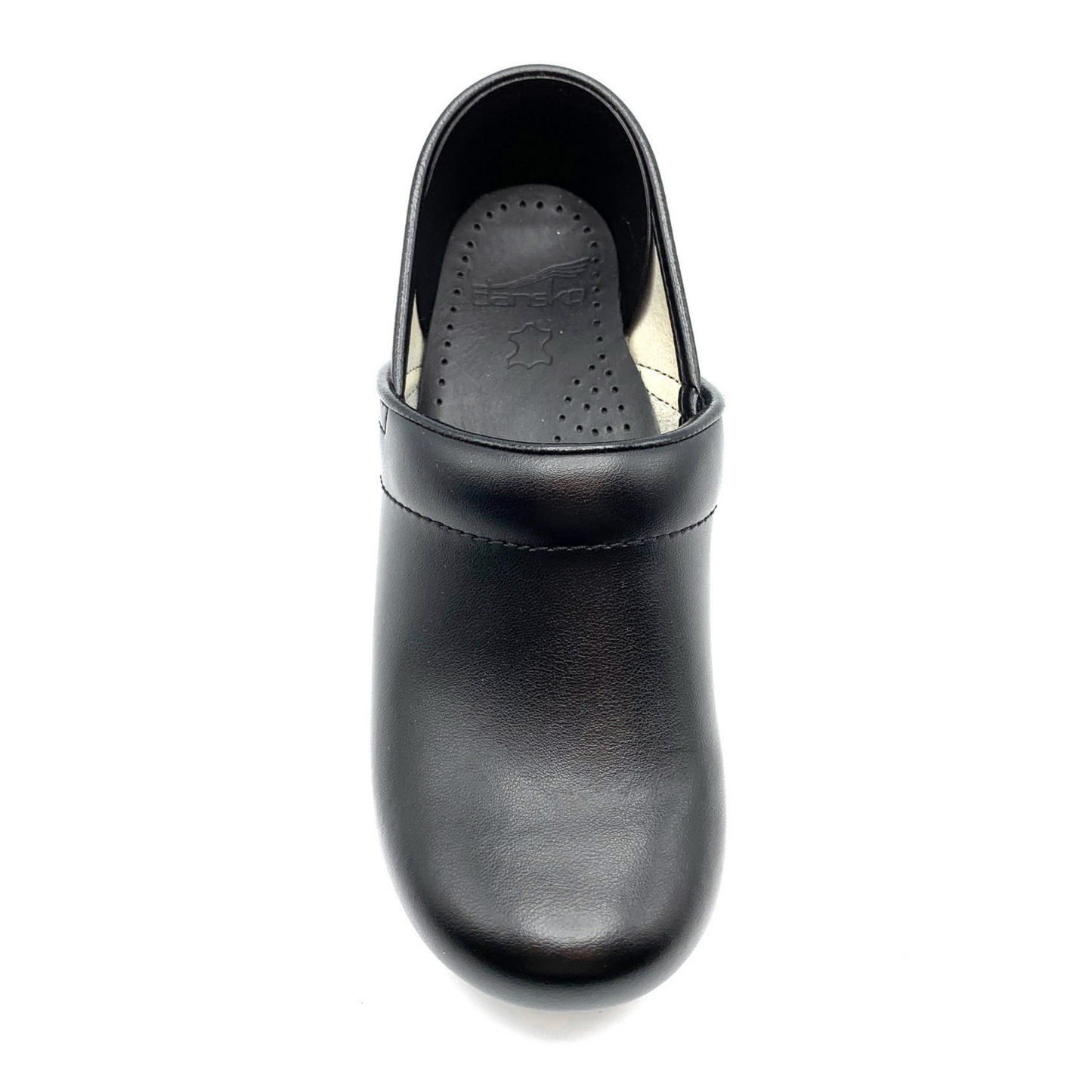 A top view of a black leather clog.