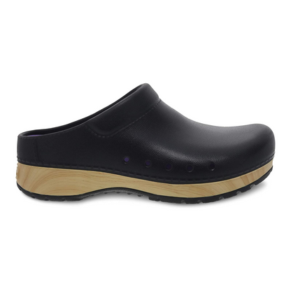 A right view of a black clog with five small holes in the side, a wood patterned base, and a purple insole.