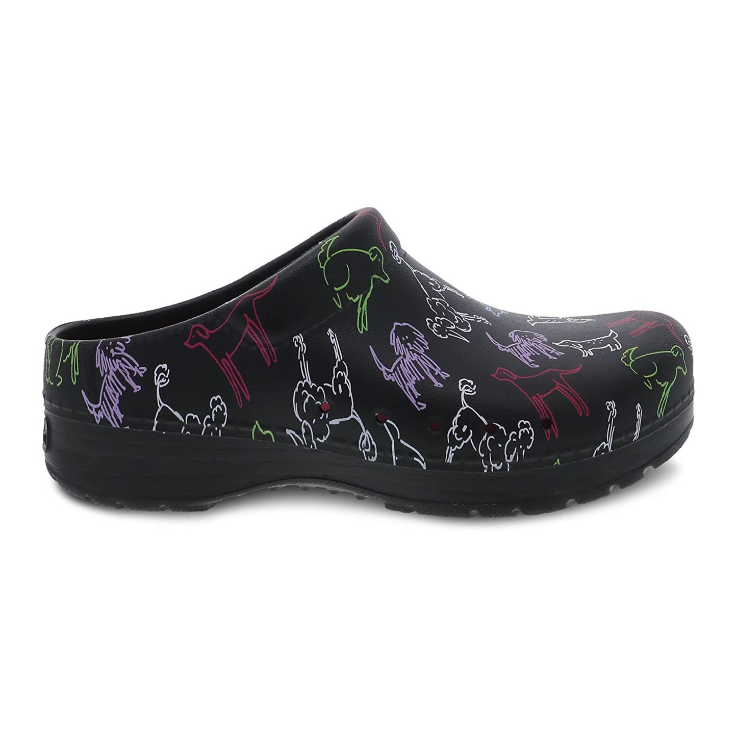 A right view of a black clog with a colourful dog pattern, five small holes in the side, and a pink insole.