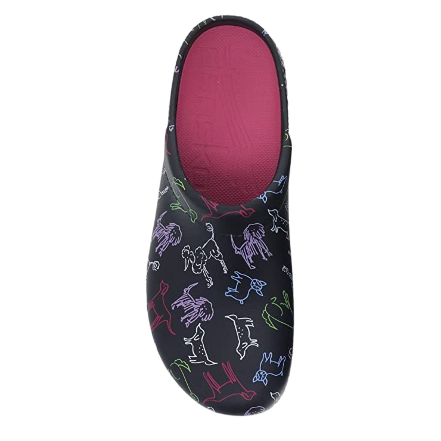 A top view of a black clog with a colourful dog pattern, five small holes in the side, and a pink insole.