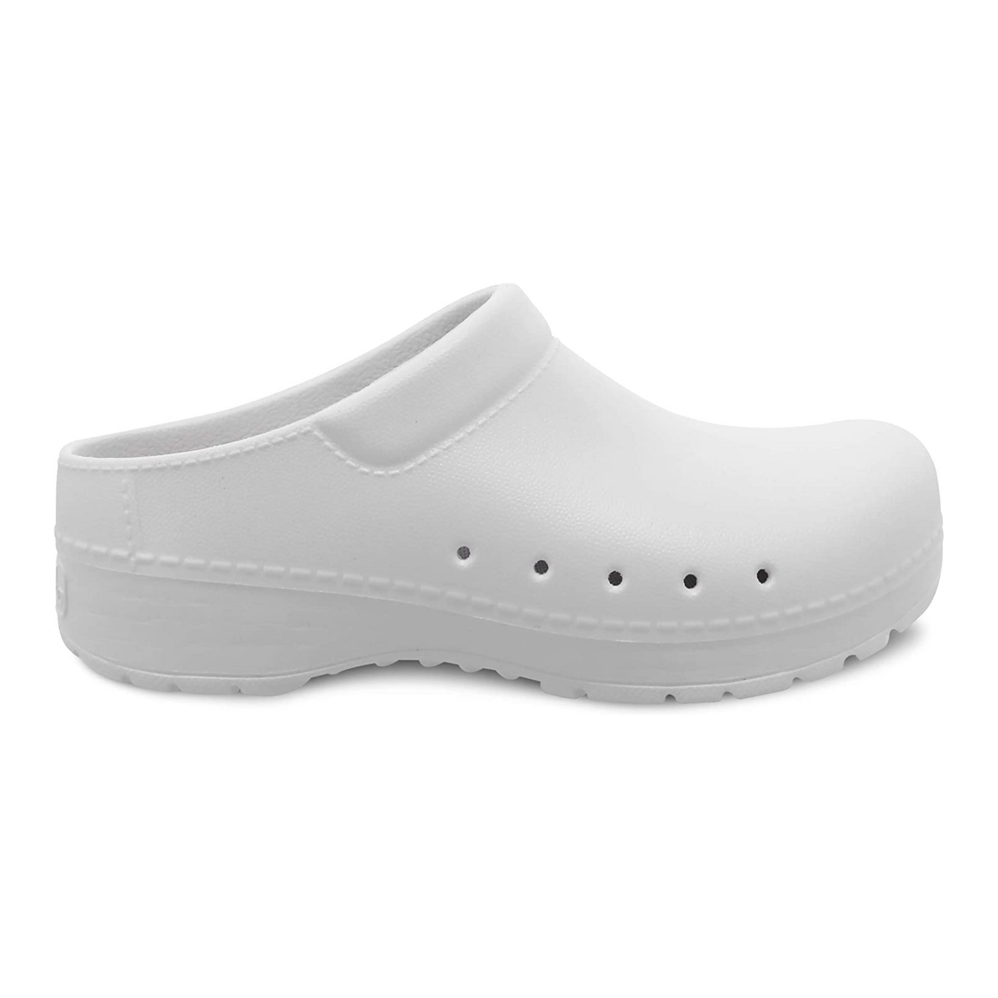 A right view of a white clog with five small holes in the side and a light purple insole.