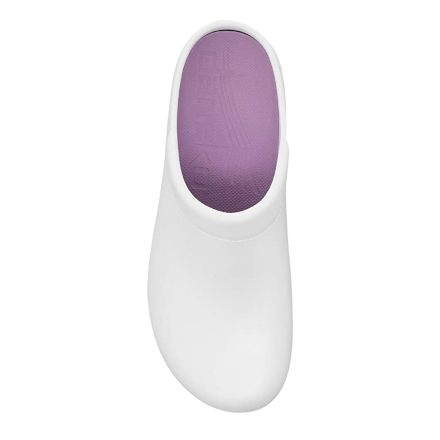 A top view of a white clog with five small holes in the side and a light purple insole.
