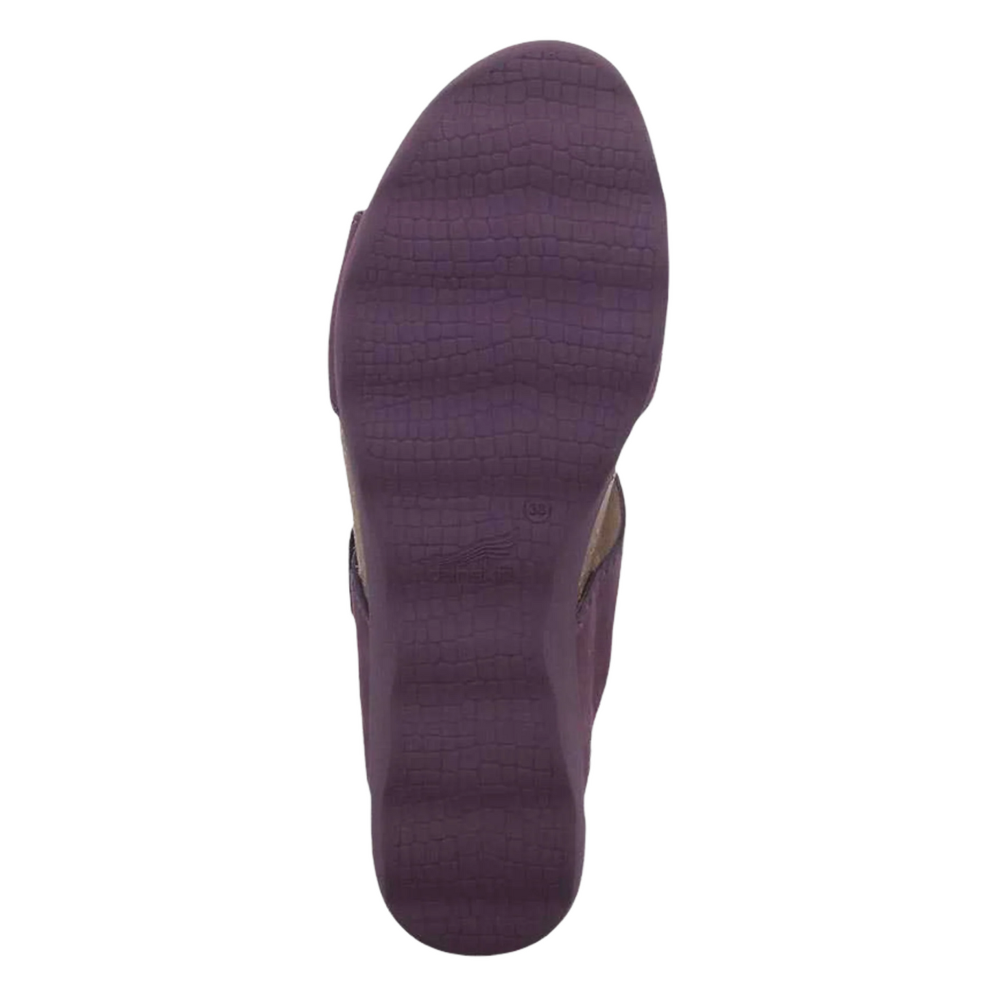 The bottom of a purple sandal is pictured from the bottom showing the ribbed/wavy crocodile textured outsole.