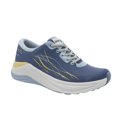 A right angle view of a blue mesh sneaker with yellow details and a white outsole.
