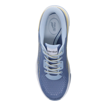 A top view of a blue mesh sneaker with yellow details.