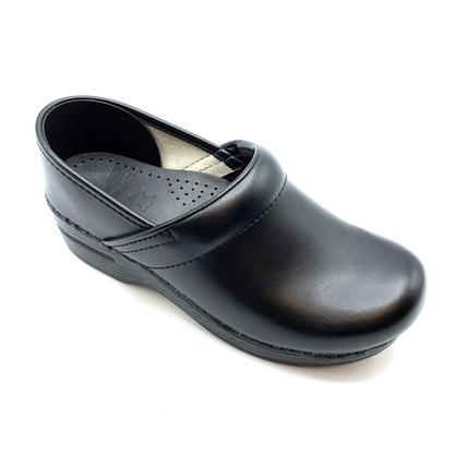 A right angle view of a black clog.