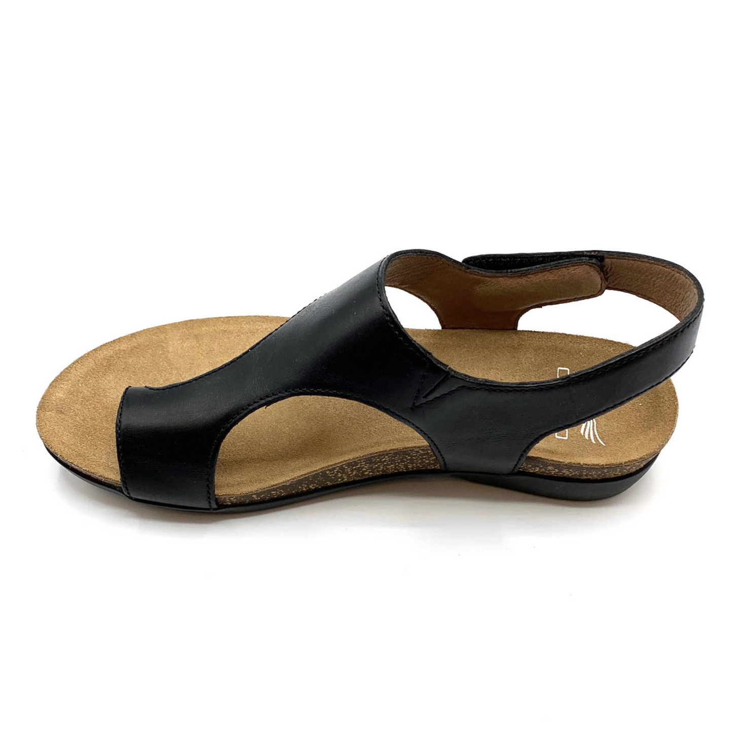 A left angle view of a leather sandal with a brown footbed, black upper strap and toe loop, and velcro adjustable back strap.