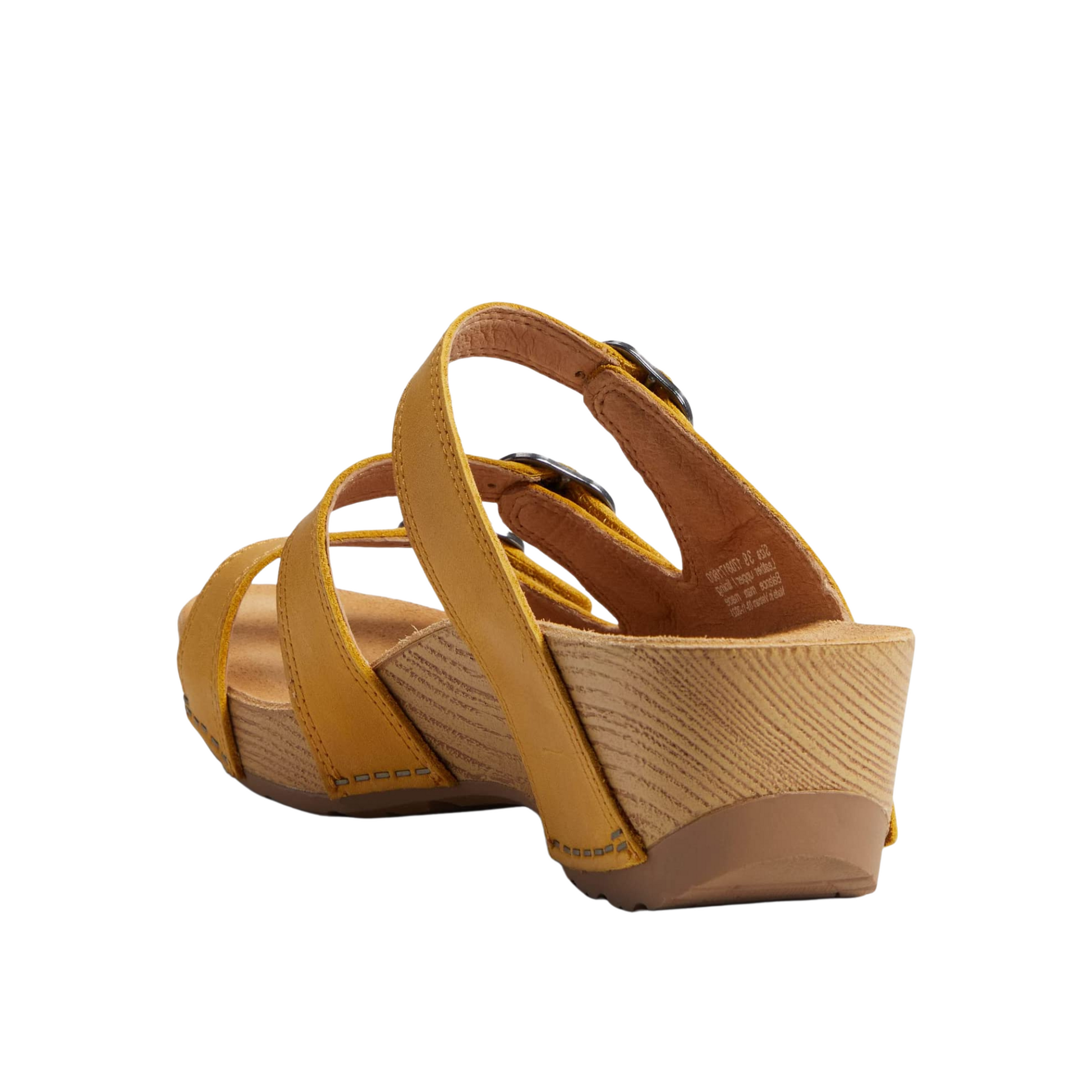 A back angle view of a wedged sandal with three yellow leather straps.