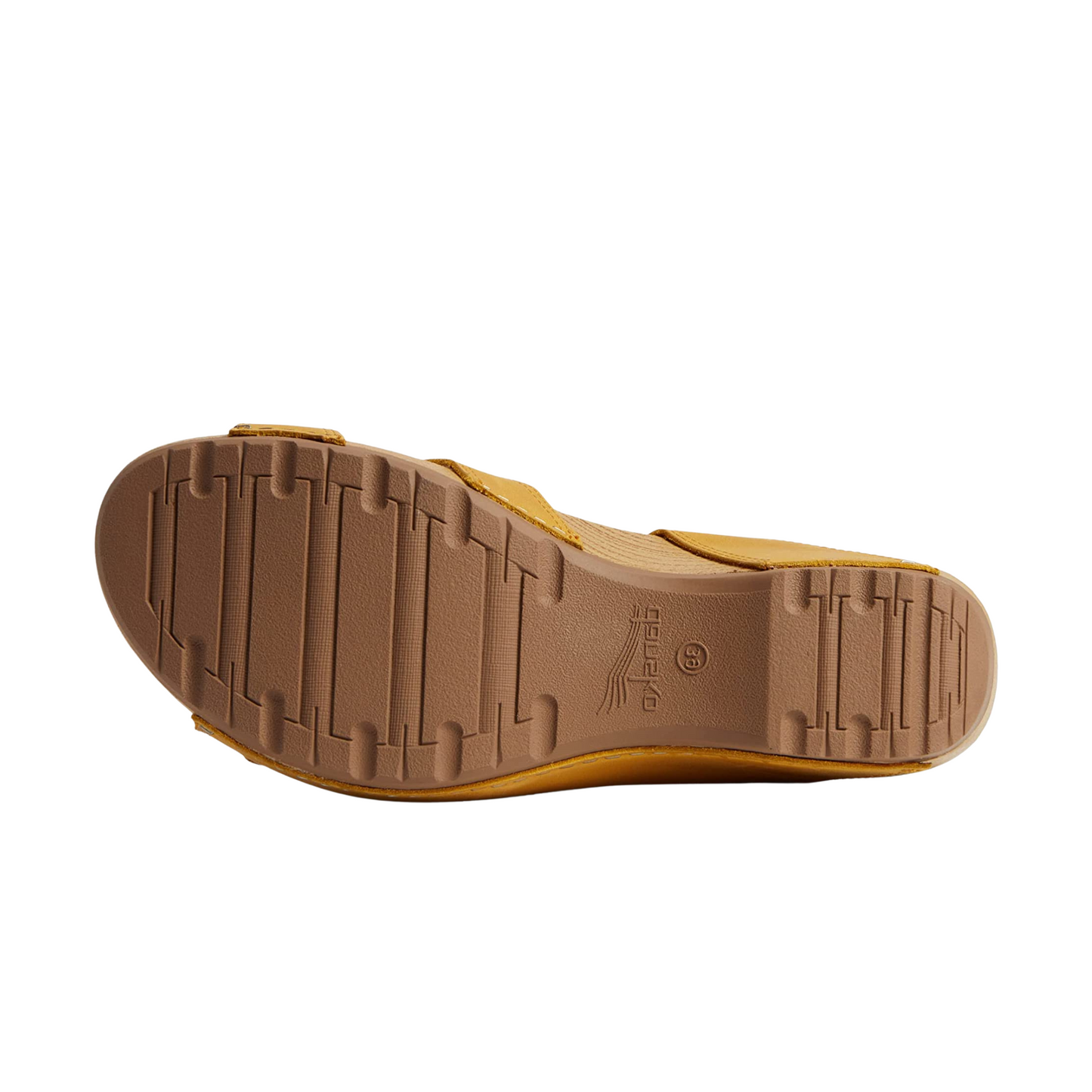 A bottom view of a sandal with yellow leather straps and a brown rubber outsole.