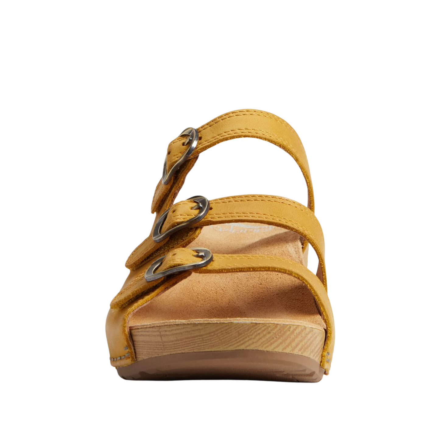 A front view of a sandal with three yellow leather straps.