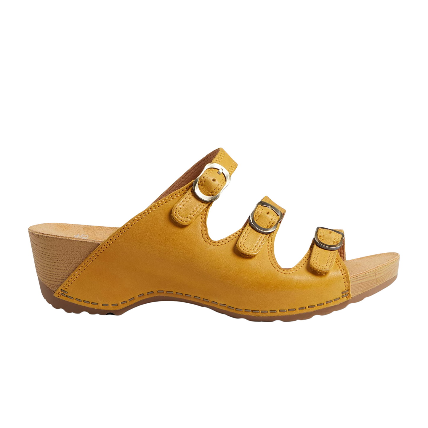 A right side view of a wedged sandal with three yellow leather straps.