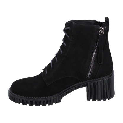 A left side view of a black suede, heeled boot with side zippers.