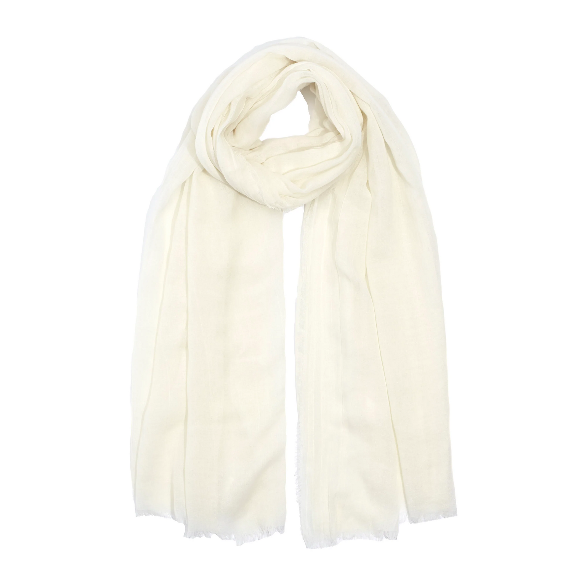A cream scarf with translucent quality is pictured with a top loop allowing the scarf to fold.