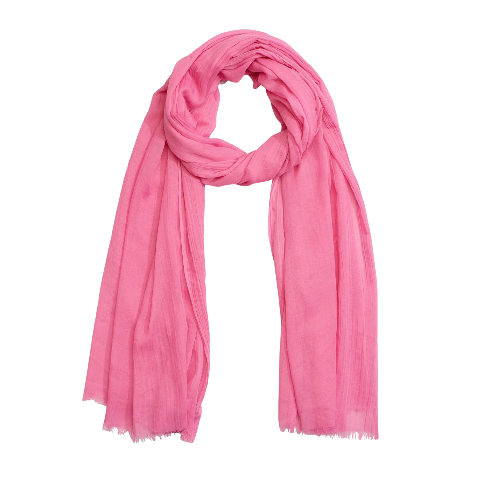 A pink translucent scarf is pictured with a small loop bunched at the top.