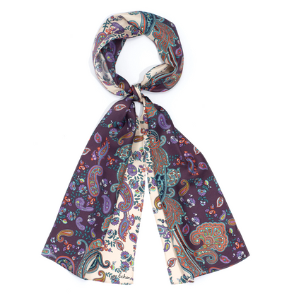 A wine and cream coloured paisley printed scarf with turquoise and red is pictured with a loop in the top.