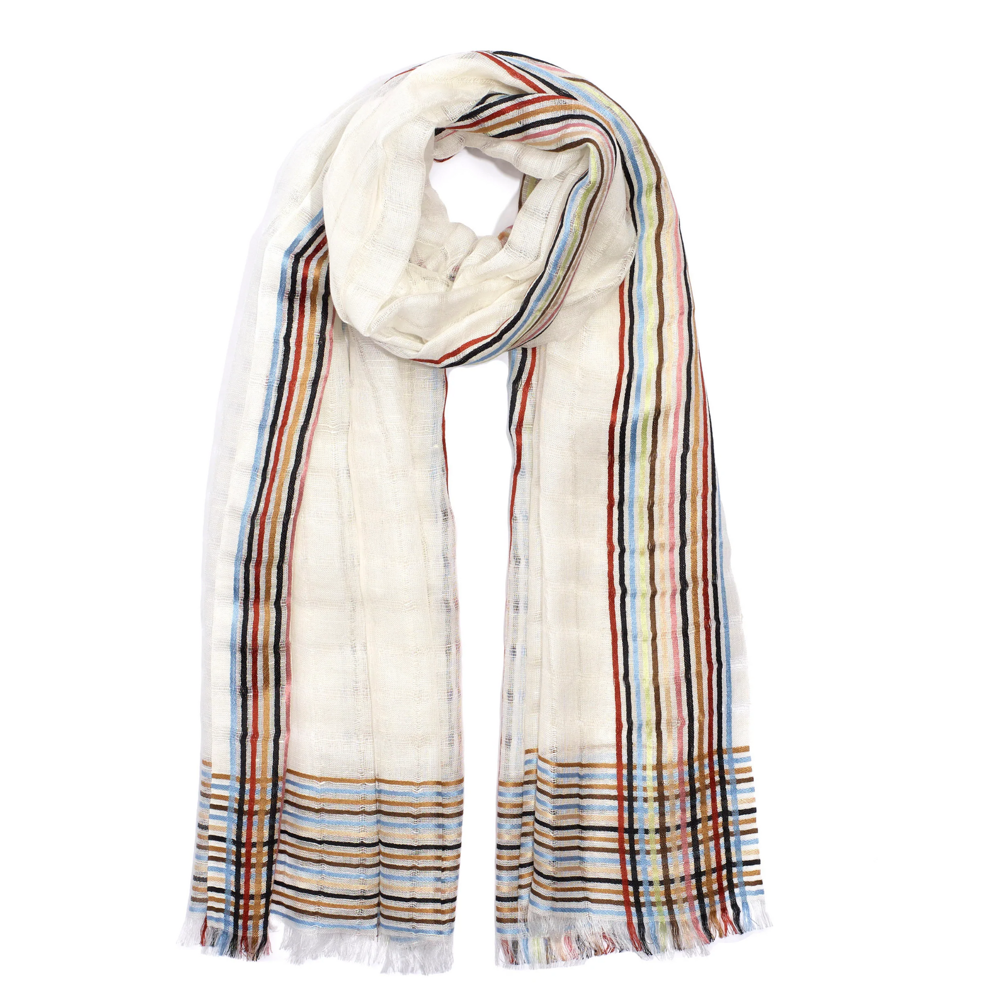 A cream scarf is looped in the centre and features a multicoloured band of colours lining it's boarders. The edges of the bottom have a natural un-hemmed edge.