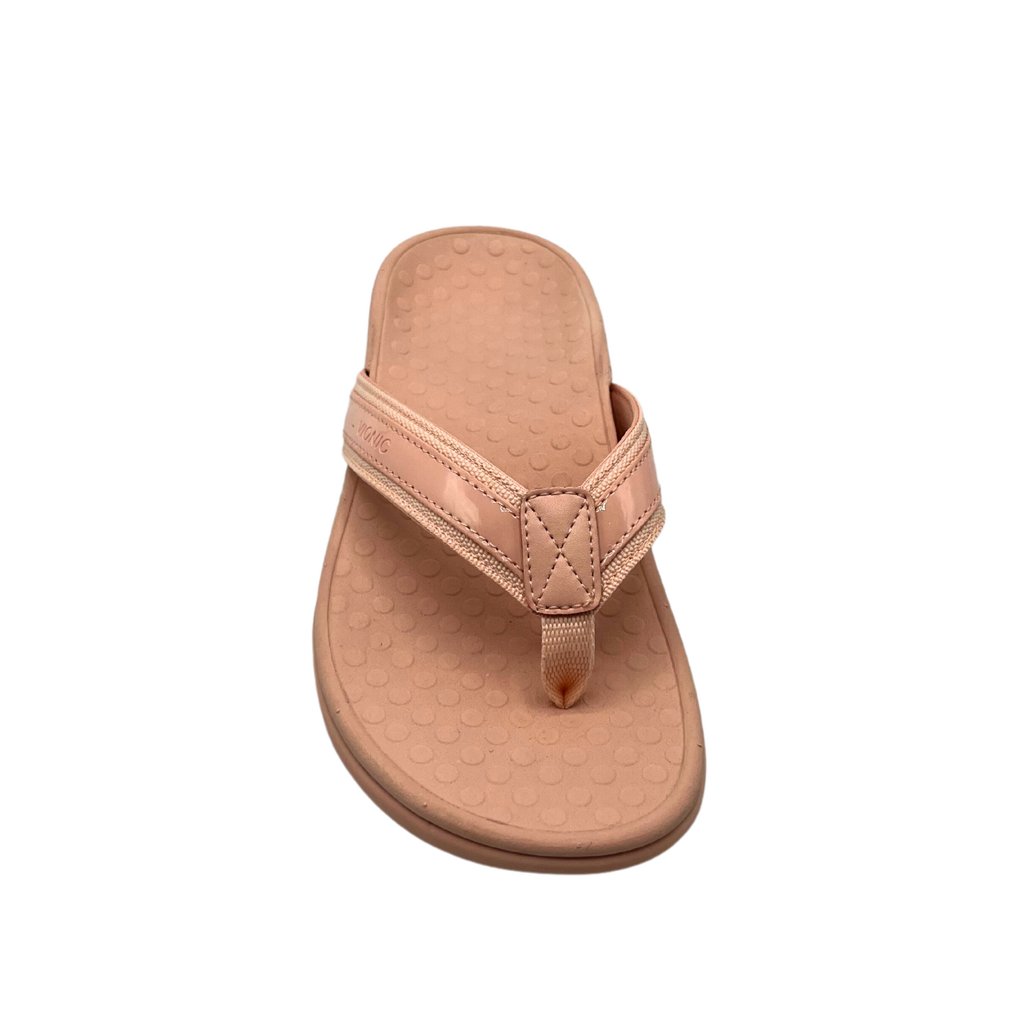 Top down view of flip flop sandal.  Toe post with wide straps. Shown in a rose color but also available in black and a matcha green