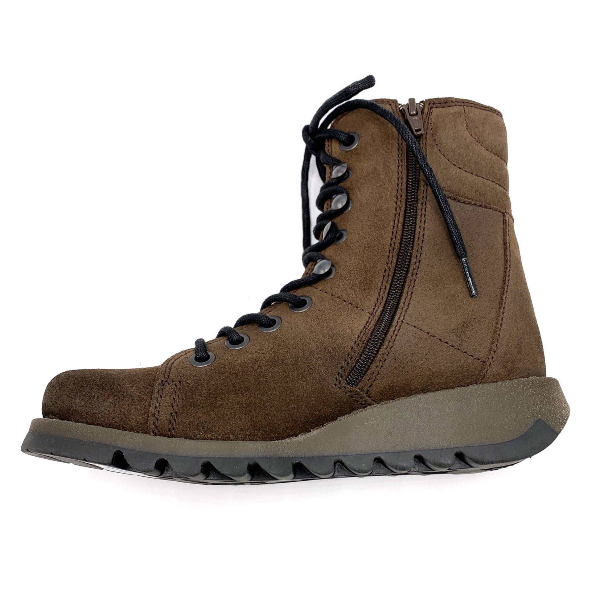A left side view of a brown suede boot with dark stitching, dark laces, and a darker rubber sole.