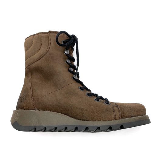 A right side view of a brown suede boot with dark stitching, dark laces, and a darker rubber sole.