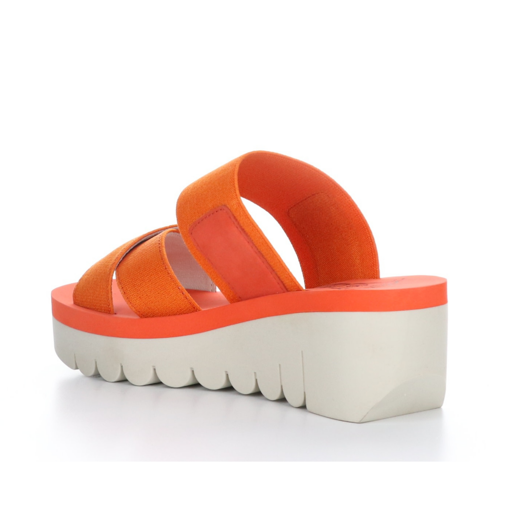 A left angle view of a red-orange platform wedged sandal with a white outsole.