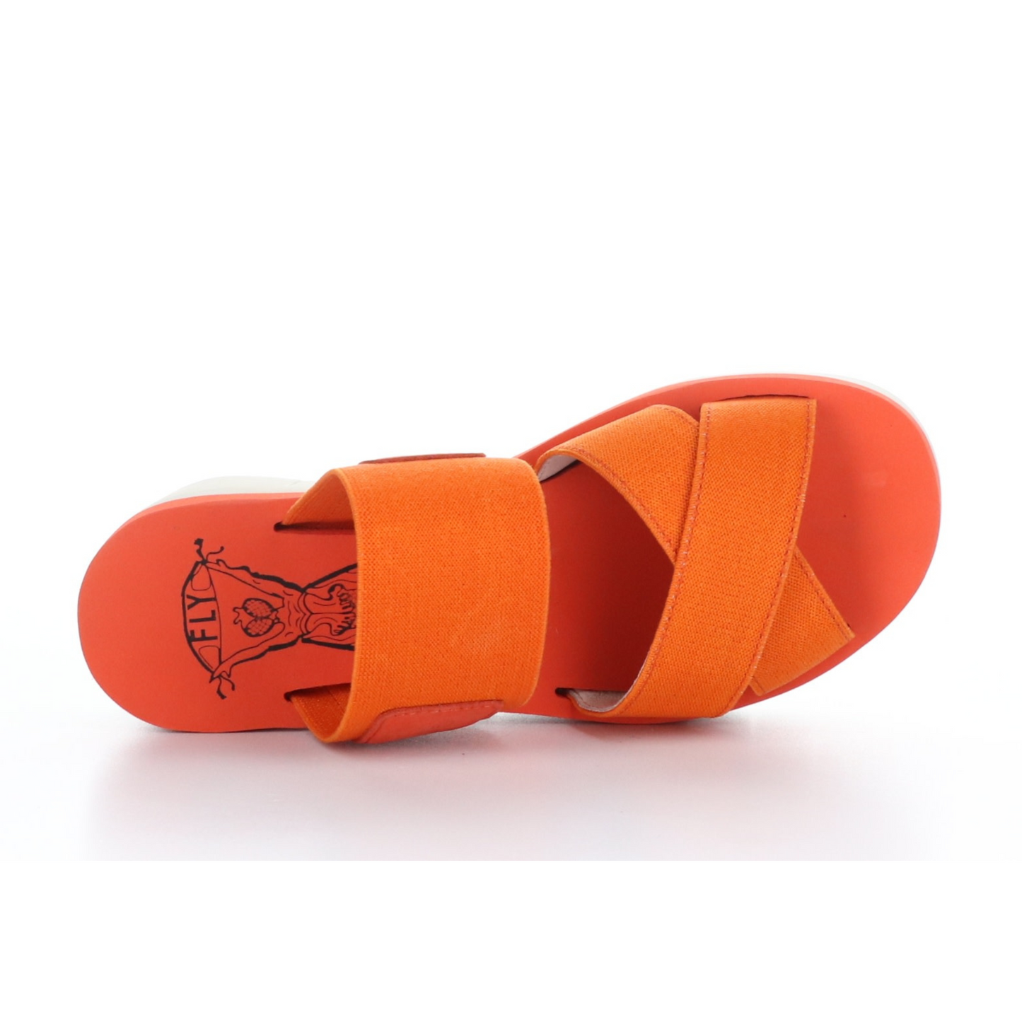 A top view of a red-orange platform wedged sandal.