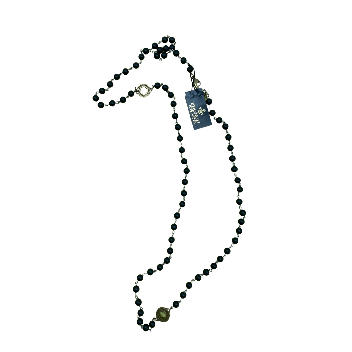 A black, beaded necklace with a silver chain and a small pendant.