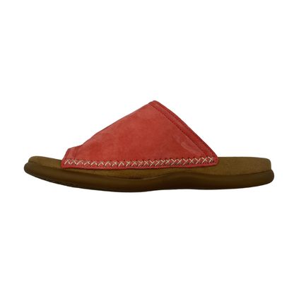 A left view of a light red suede toe loop sandal.