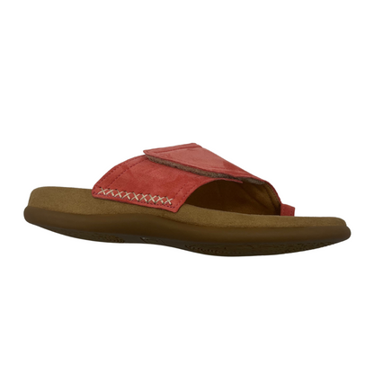 A right view of a light red suede toe loop sandal.