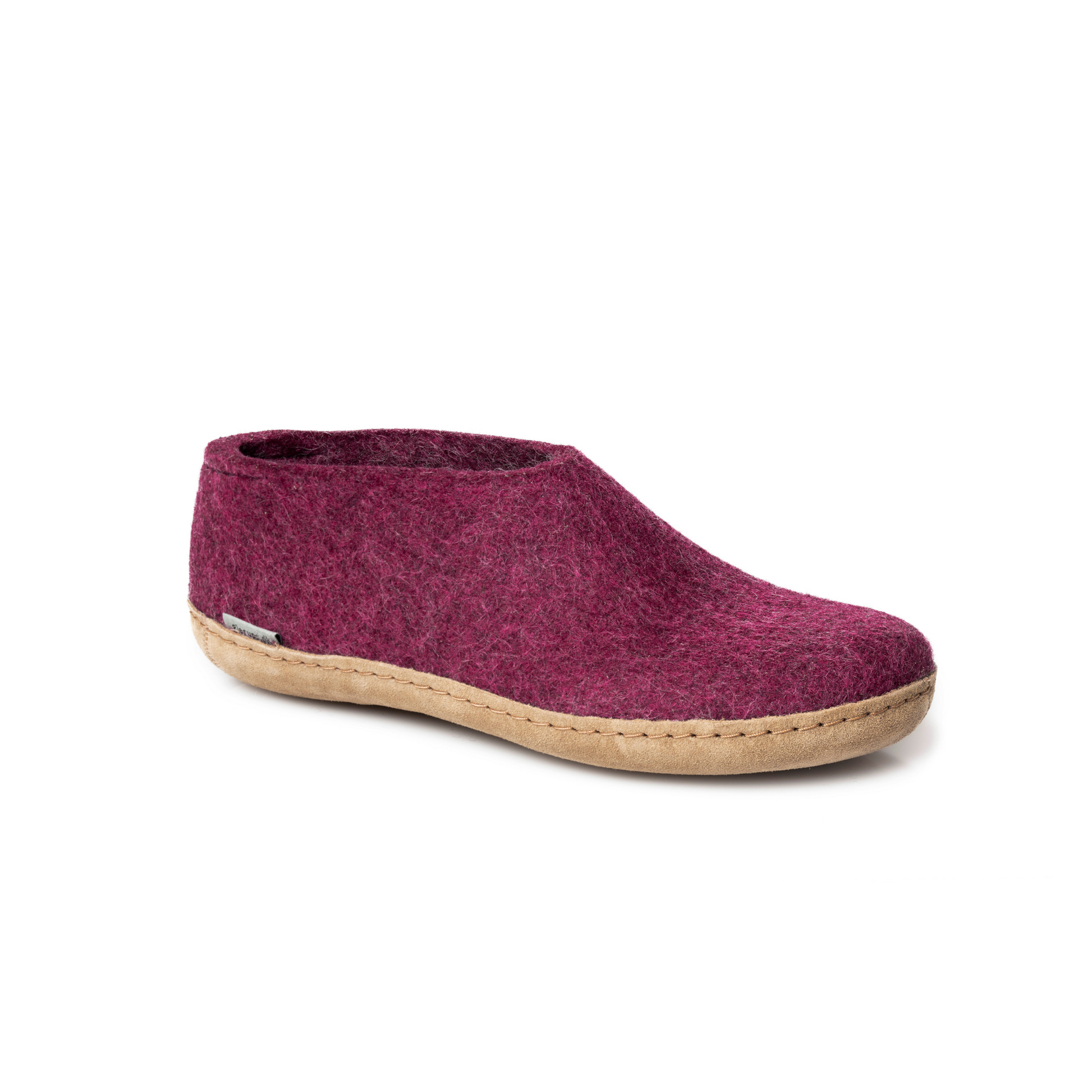 A felted dark-mauve tall-back slipper pictured at a slight angle, showing part of the top front and side of the slipper. A tan leather sole lines the bottom of the shoe with a row of stitching.